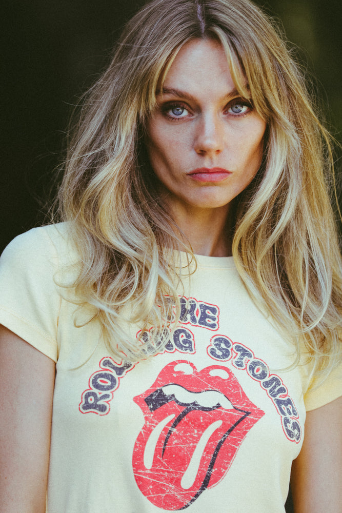 rolling stones 1975 baby tee pastel yellow