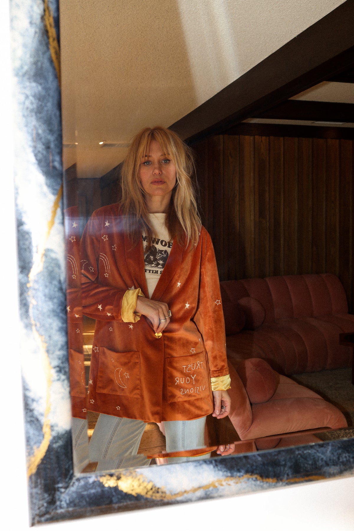 cosmic velvet jacket in rust