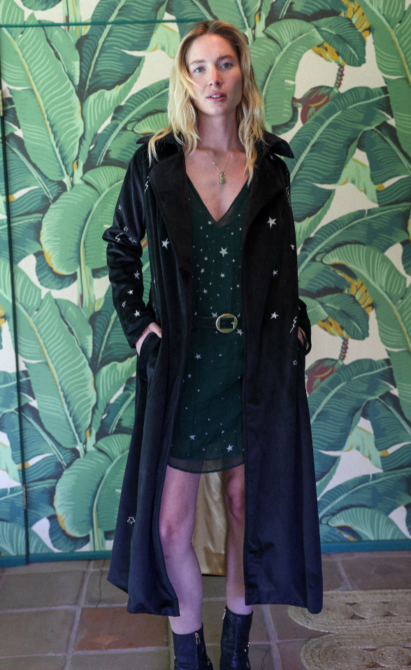 cosmic velvet trenchcoat in black