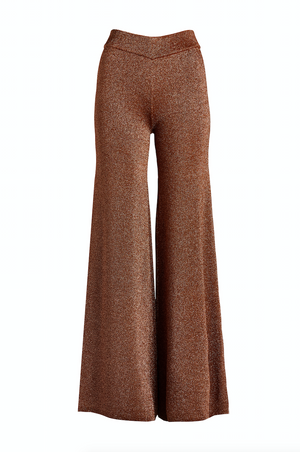 Copper Sparkly Pants - Lurex Knit Pants - Wide-Leg Metallic Pants